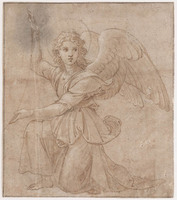 A 015 recto
<br/>
Geknielde engel, een medaillon steunend
<br/>
<em>Raffaello Sanzio (1483-1520) - atelier van</em>